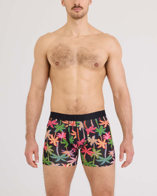 Front - Model wearing Droptemp Cooling Cotton Boxer Brief Fly in Mixed Palms-Black