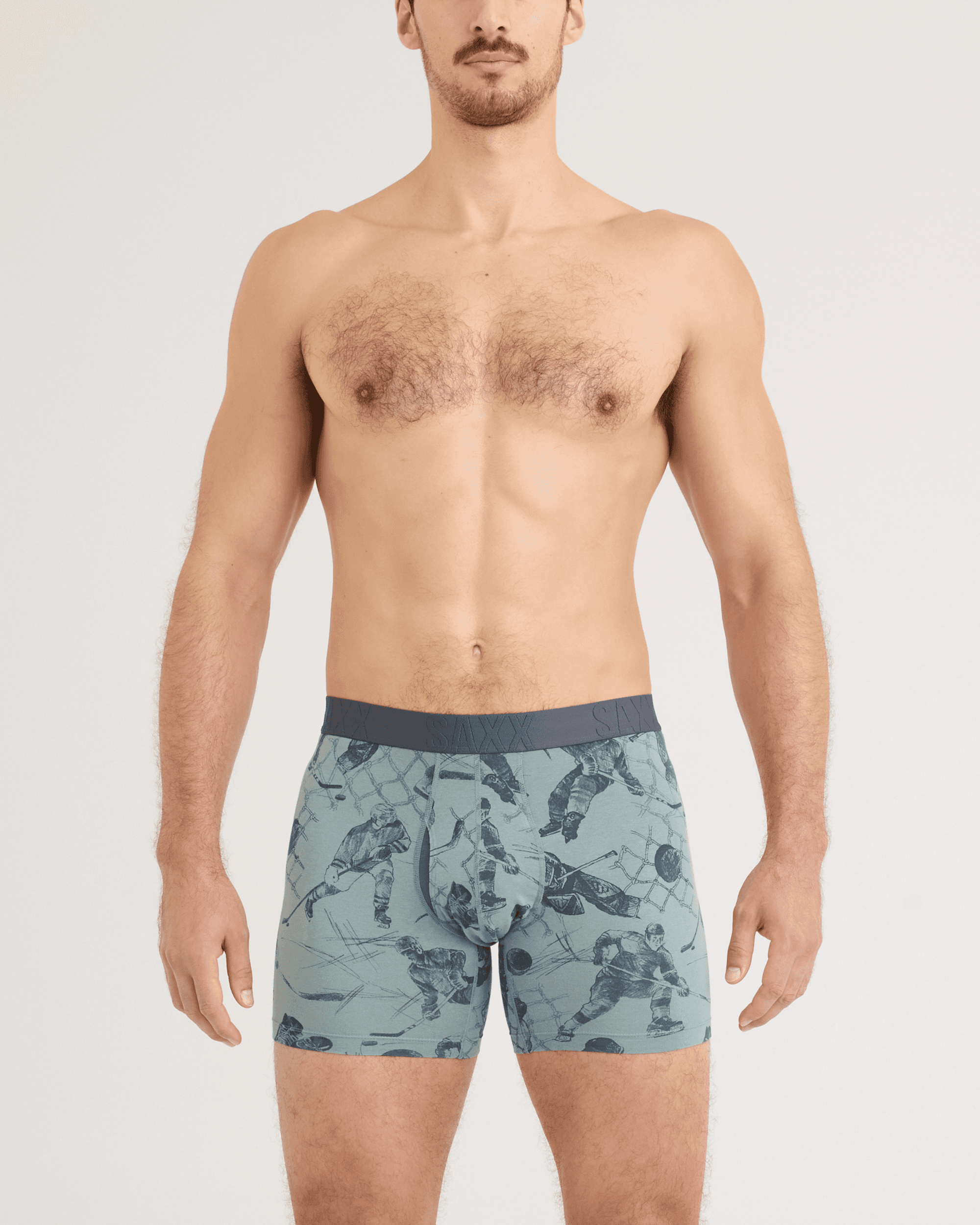 Front - Model wearing DropTemp Cooling Cotton Boxer Brief in Off The Boards-Silver Pine