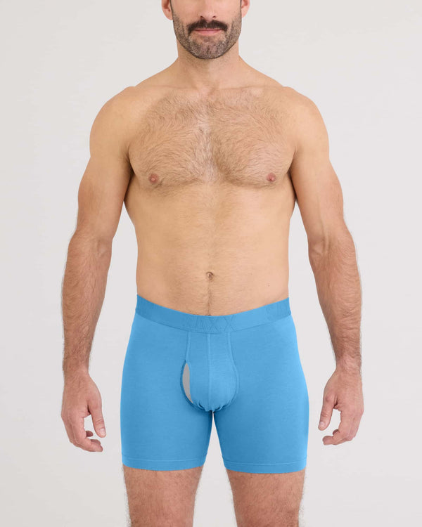 Front - Model wearing Droptemp Cooling Cotton Boxer Brief Fly in Parisian Blue