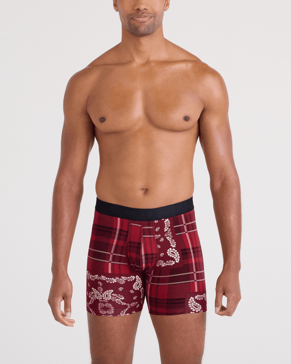 Front - Model wearing  DropTemp Cooling Cotton Boxer Brief Fly in Paisley Plaid-Red