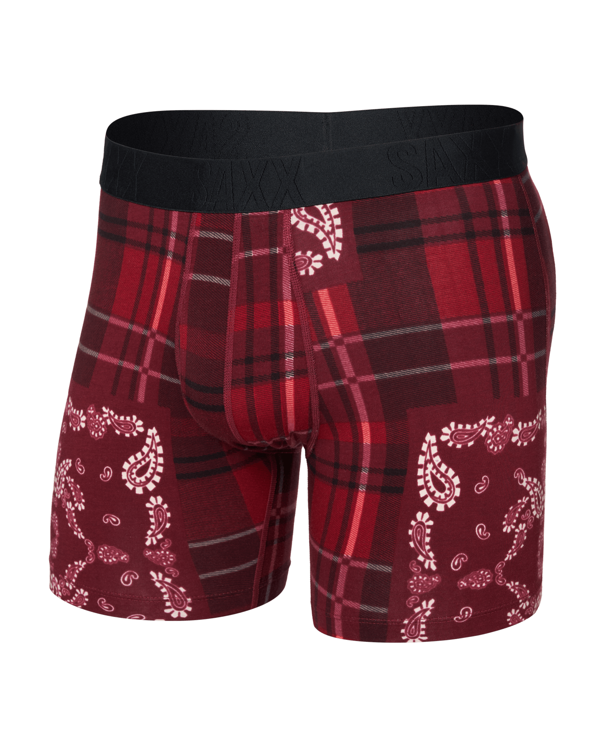 Front of  DropTemp Cooling Cotton Boxer Brief Fly in Paisley Plaid-Red