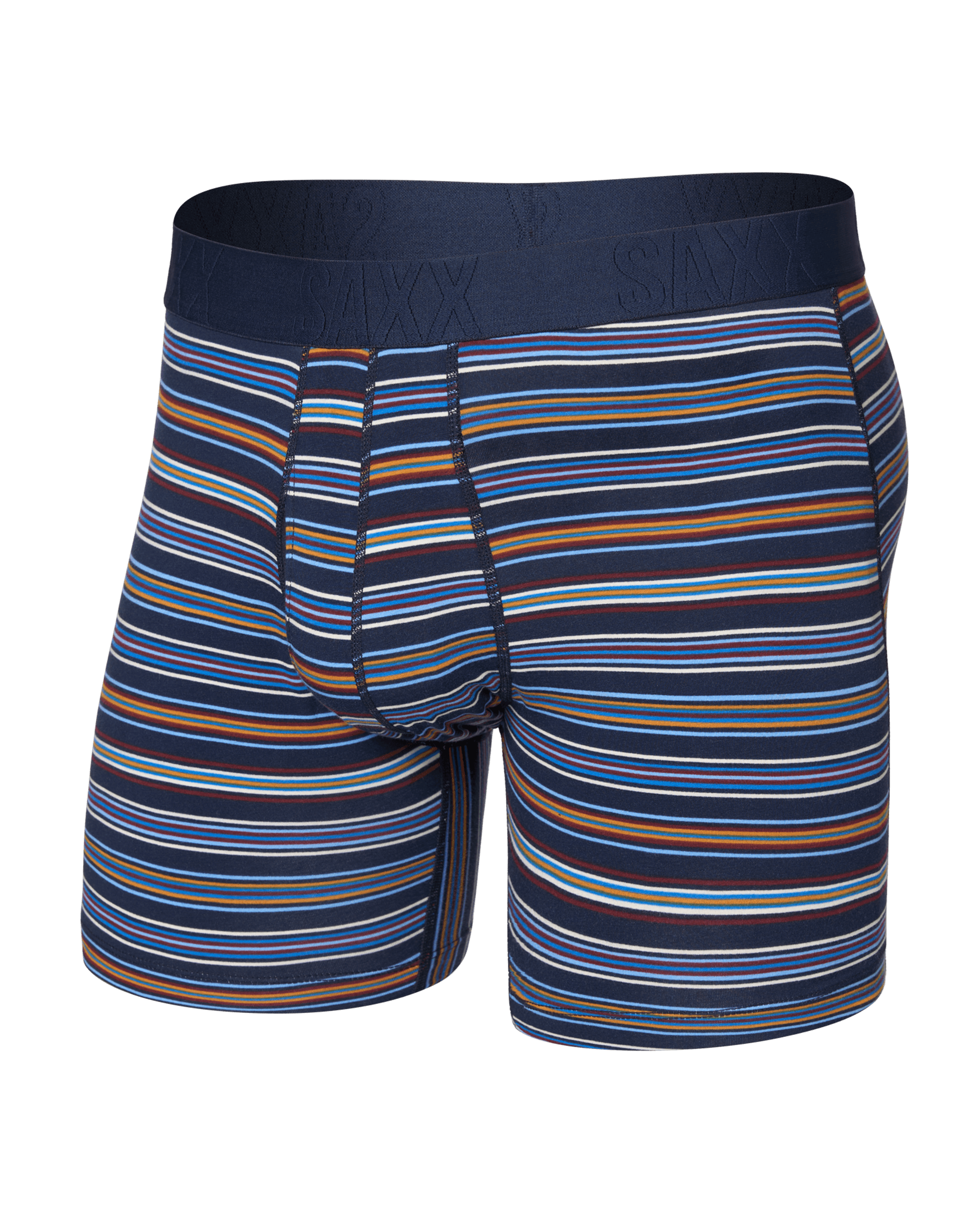 Front of  DropTemp Cooling Cotton Boxer Brief Fly in Vivid Stripe-Maritime
