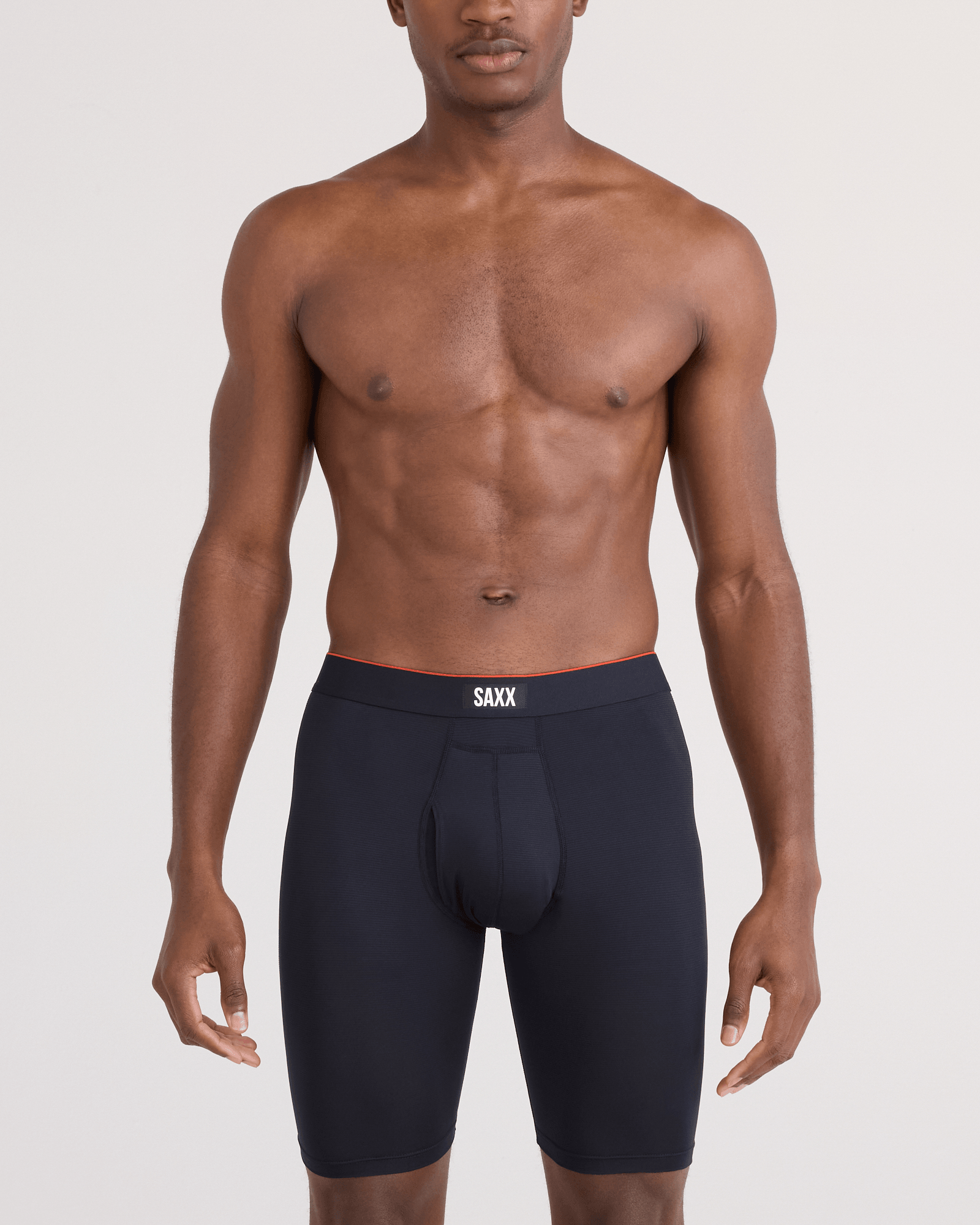 Front - Model wearing Multi-Sport Mesh Long Boxer Brief Fly in Black