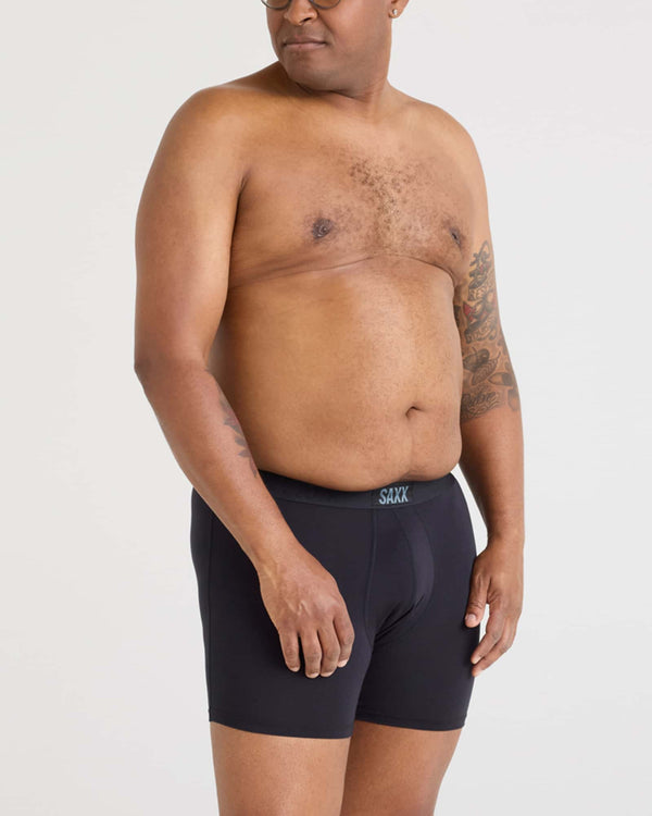 Front - Model wearing Vibe Super Soft Boxer Brief in Black/Black