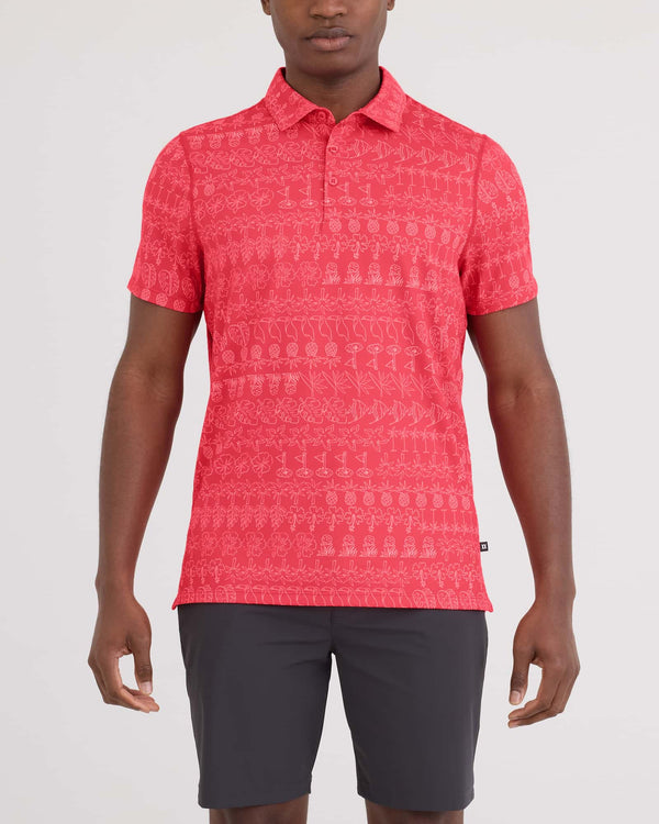 Front - Model wearing Droptemp All Day Cooling Polo in Island Tee Up-Gumball