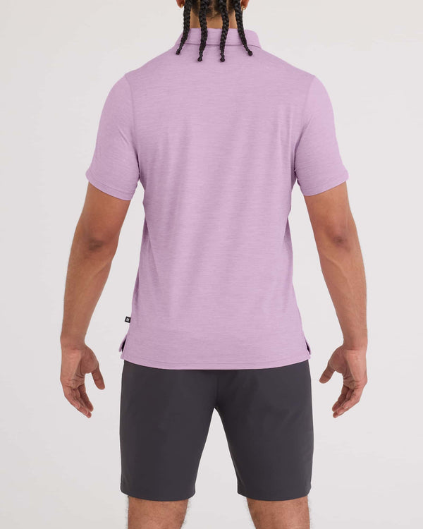 Back - Model wearing Droptemp All Day Cooling Polo in Purple Heather