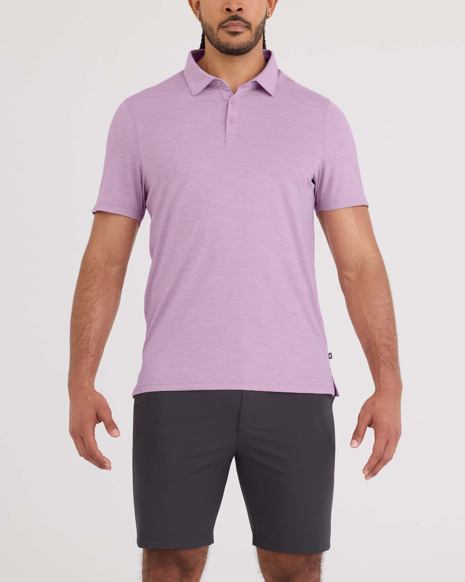 Front - Model wearing Droptemp All Day Cooling Polo in Purple Heather