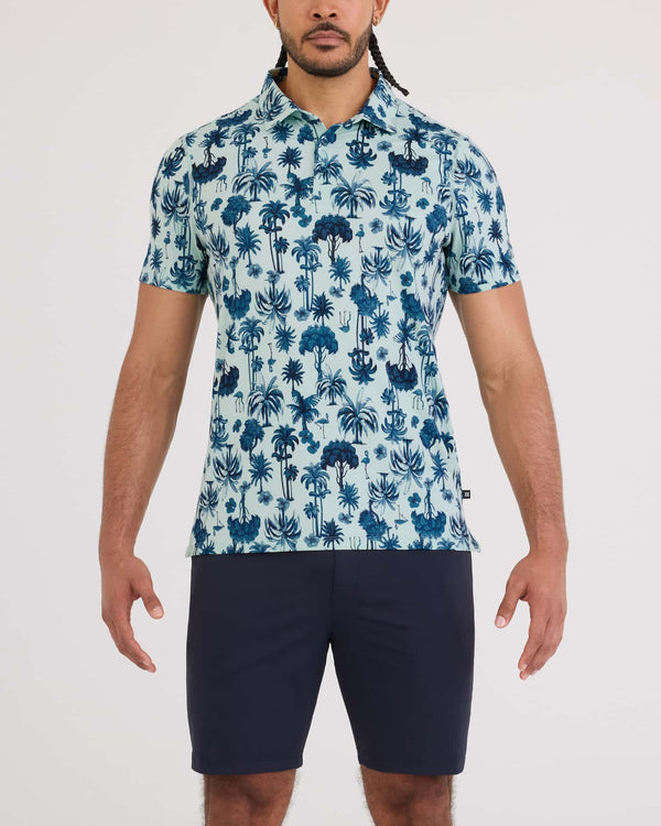 Front - Model wearing Droptemp All Day Cooling Polo in Palm Toile-Mint