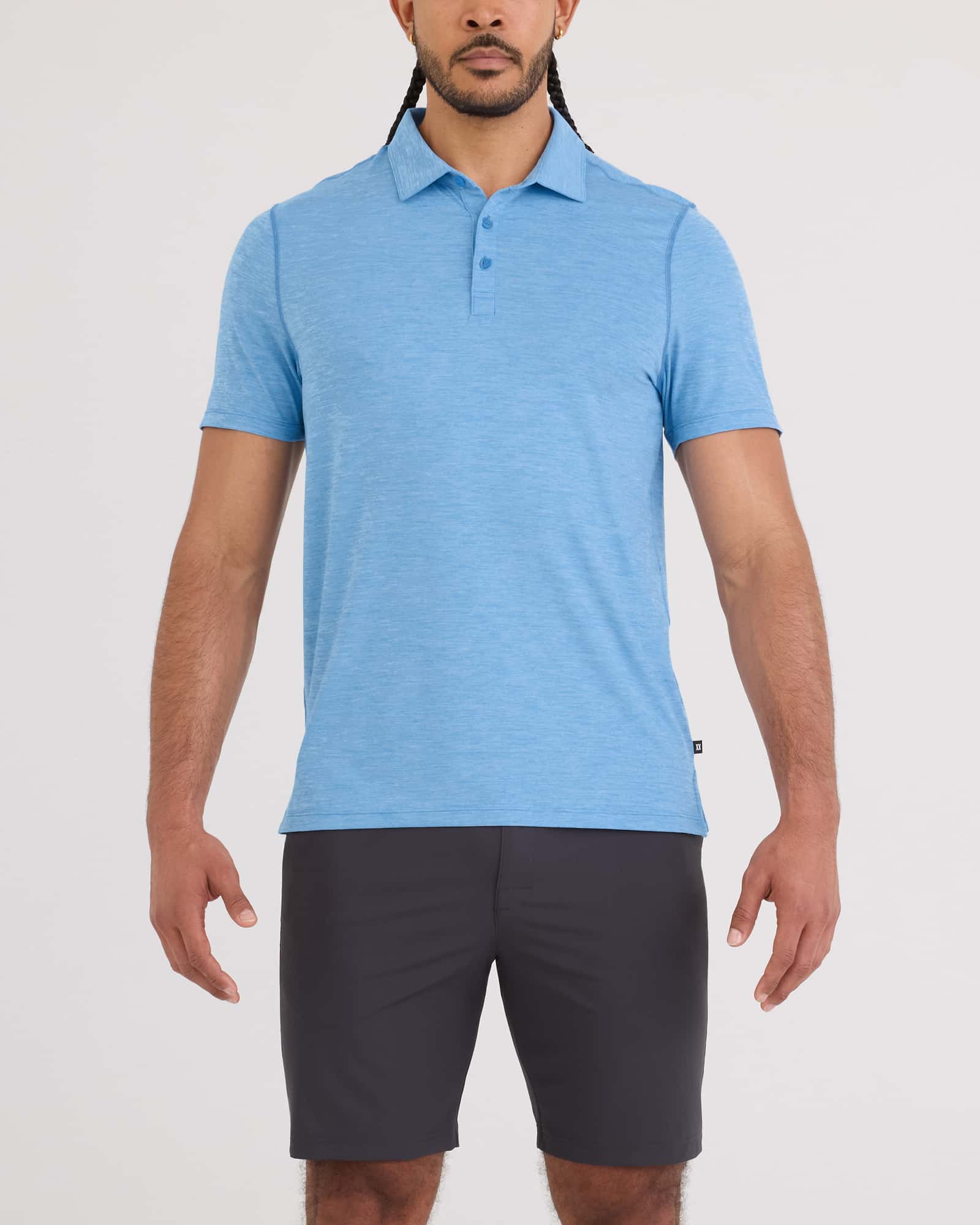 Front - Model wearing Droptemp All Day Cooling Polo in Tranquil Blue Heather