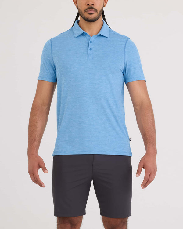 Front - Model wearing Droptemp All Day Cooling Polo in Tranquil Blue Heather