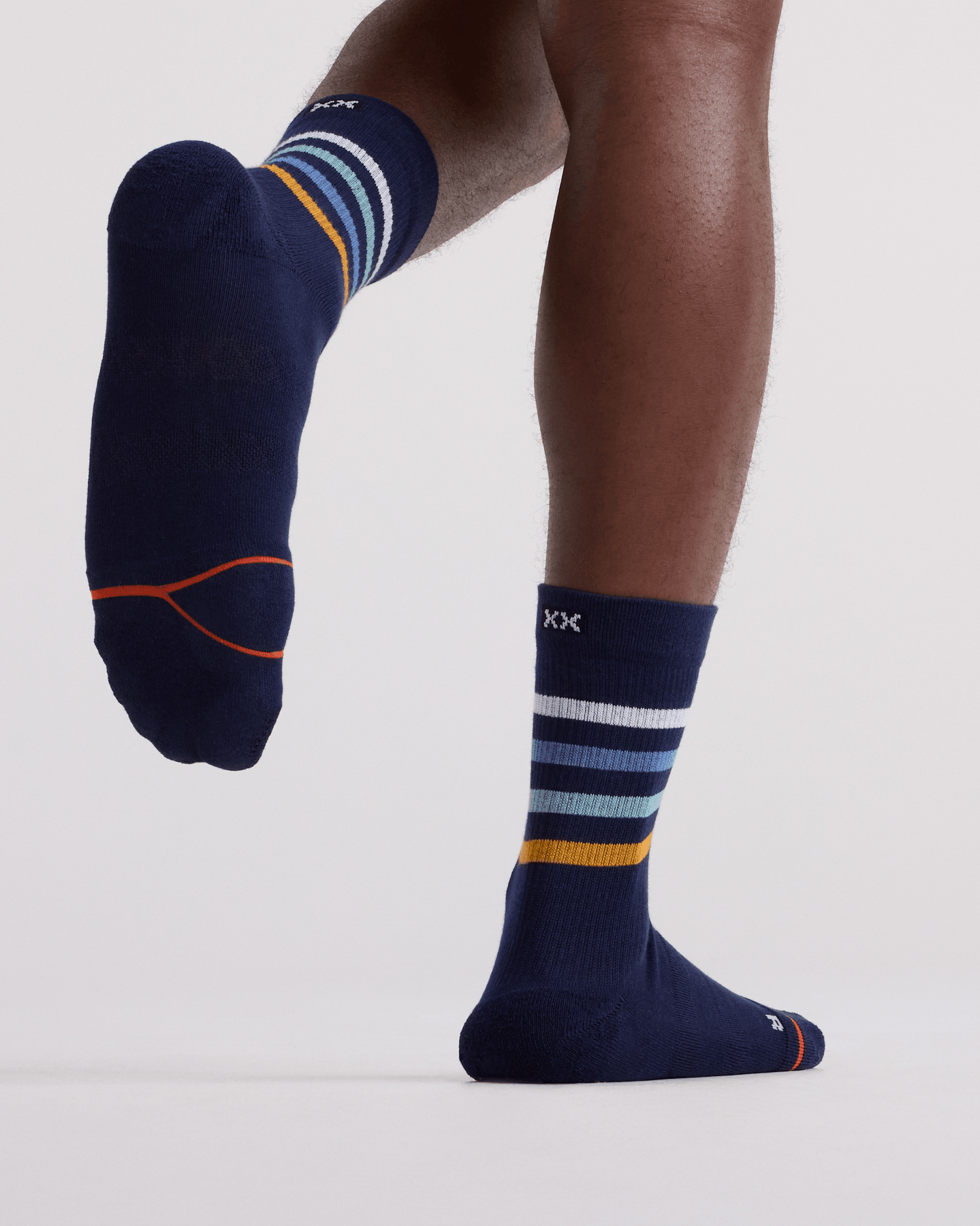 Front - Model wearing  Good Form Crew Sock in Blue Bold Stripe