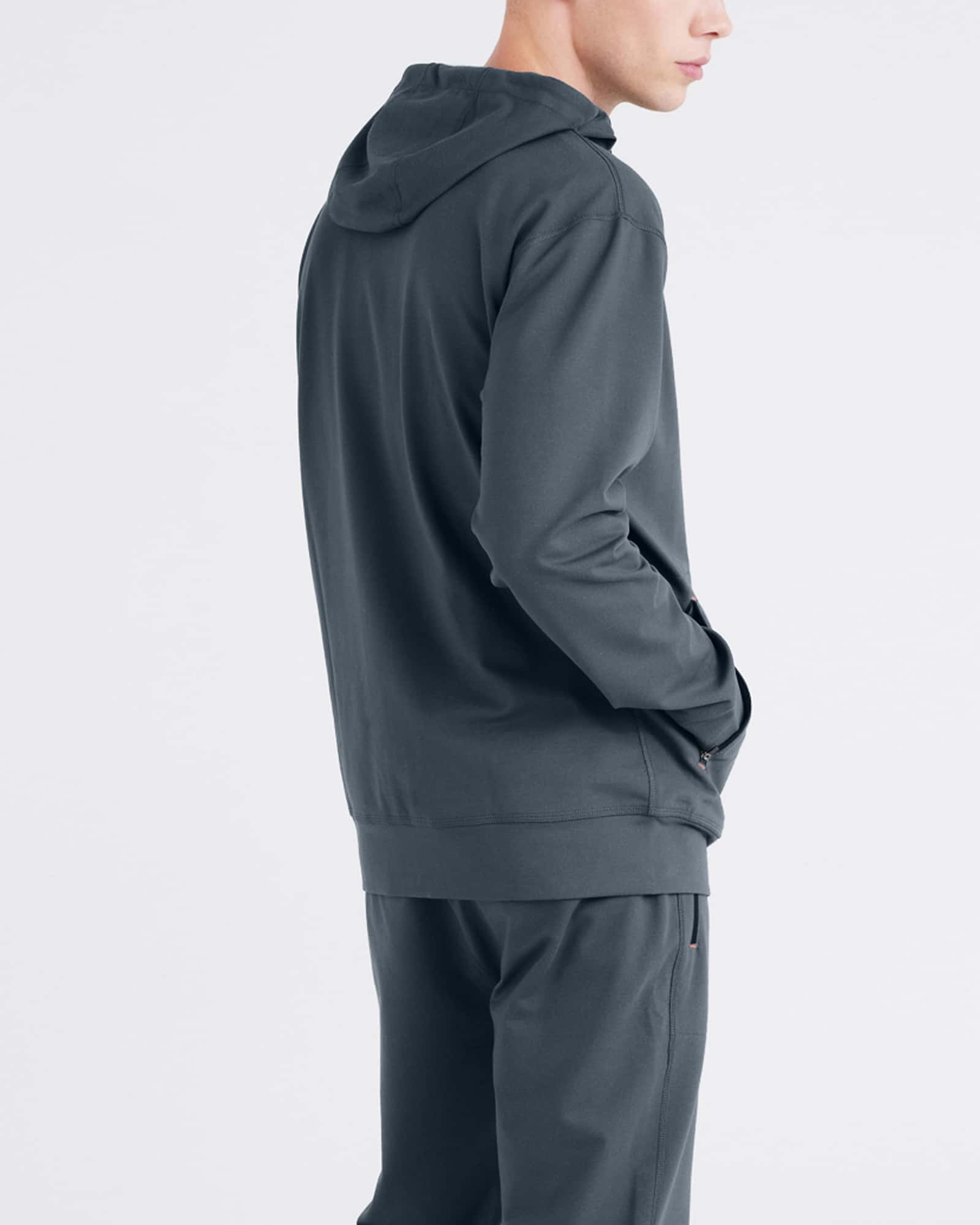 Back - Model wearing Trailzer Full Zip Hoodie in Turbulence