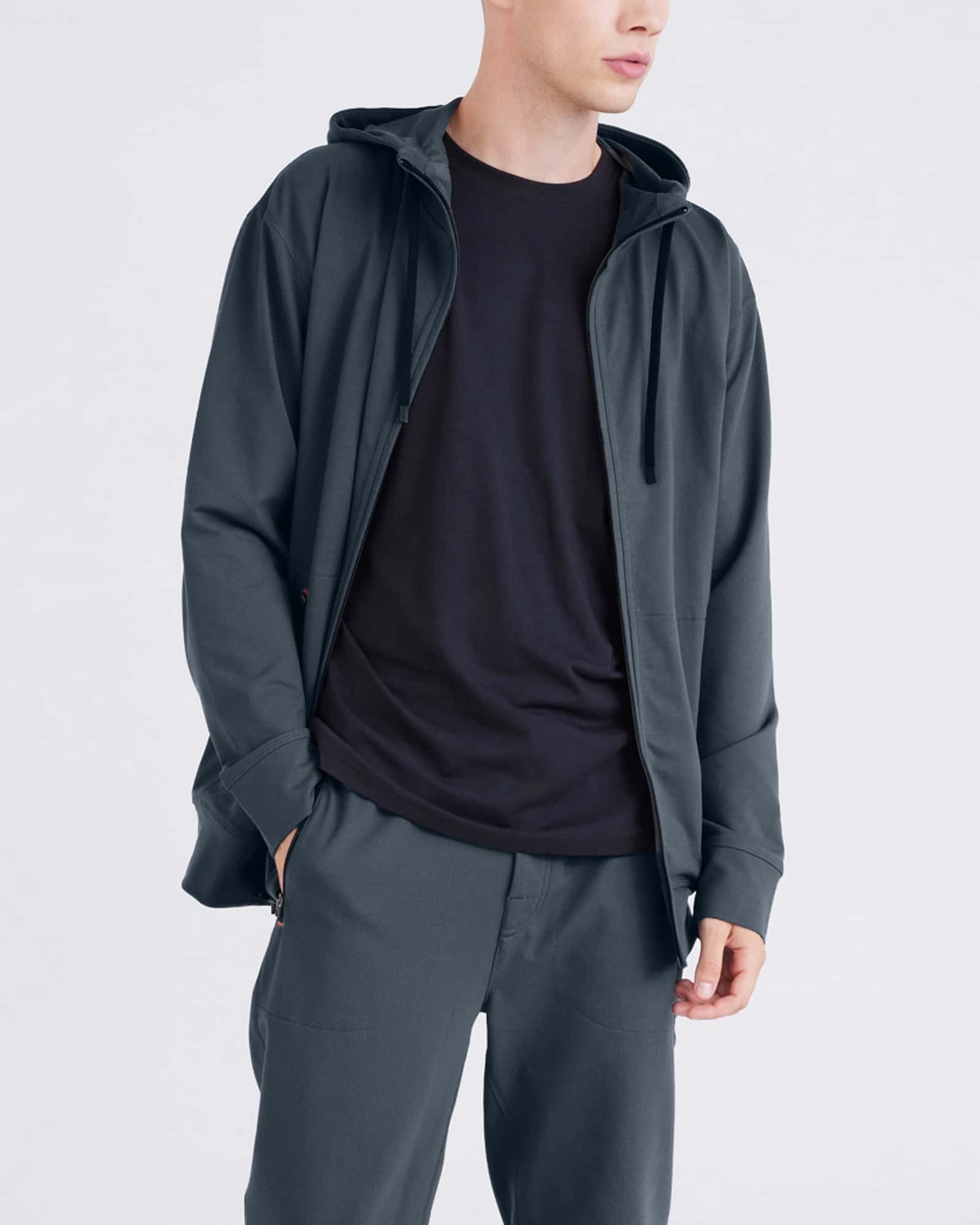 Front - Model wearing Trailzer Full Zip Hoodie in Turbulence