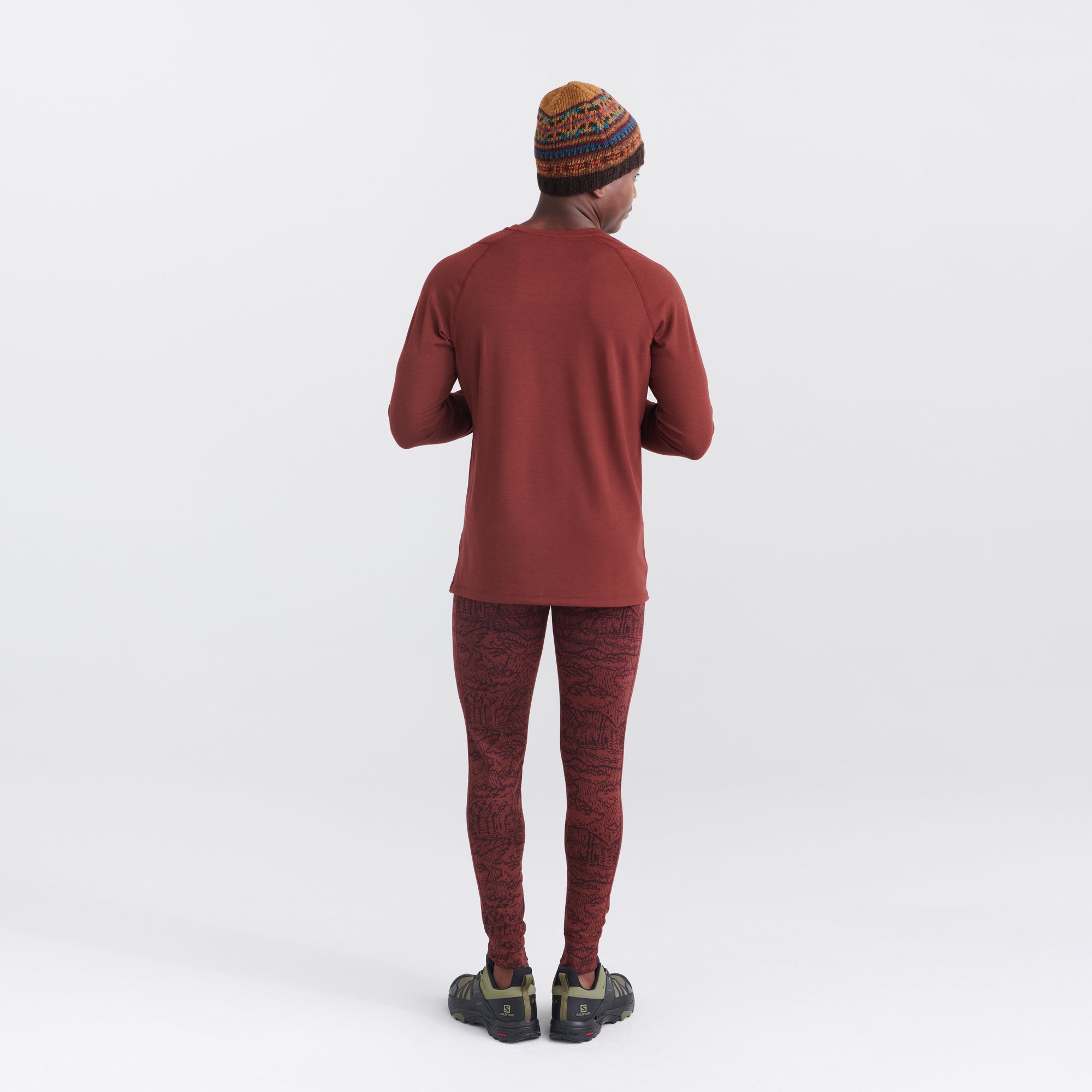 Back - Model wearing Roast Master Mid-Weight Baselayer Long Sleeve Crew in Dark Brick