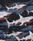 Pattern of sharks on a camouflage background with red, blue, and black colors.