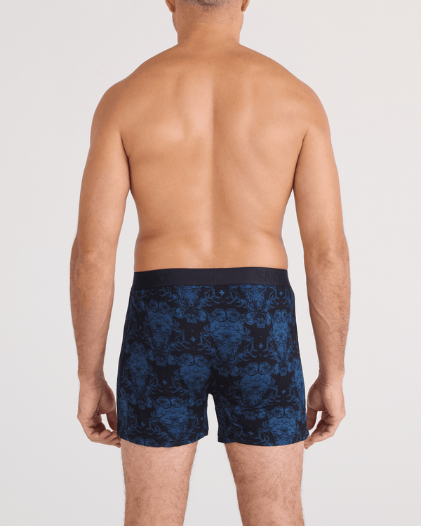 Back - Model wearing  Snooze Sleep Boxer Short in Bear Brocade-Dark Denim