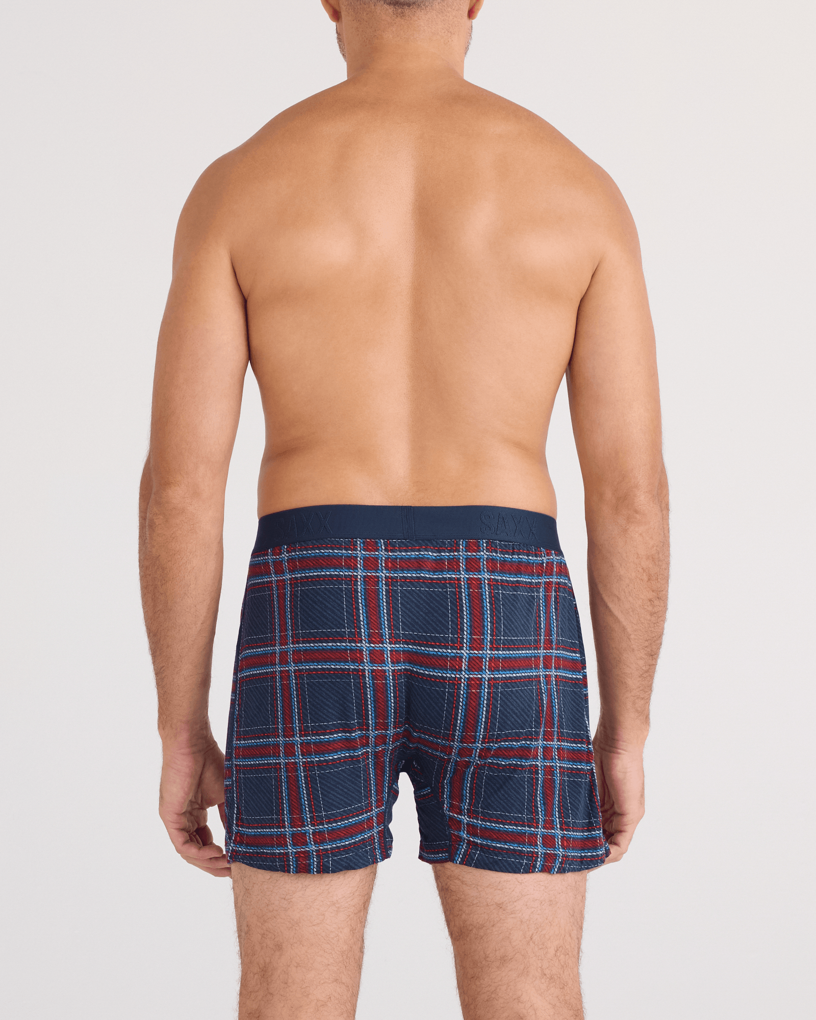 Back - Model wearing  Snooze Sleep Boxer Short in Jazzy Plaid-Maritime