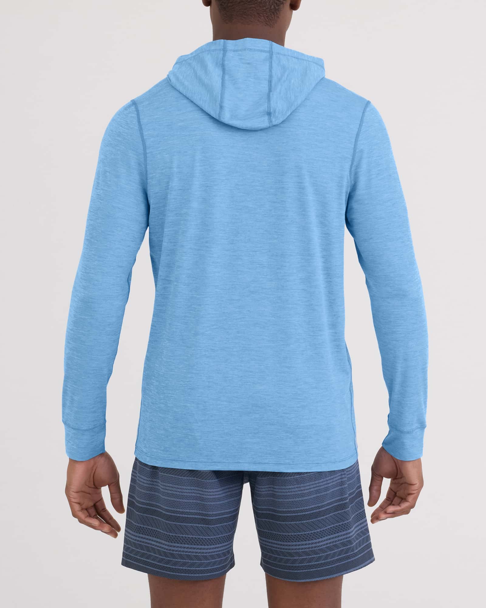 Back - Model wearing Droptemp All Day Cooling Hoodie in Tranquil Blue Heather