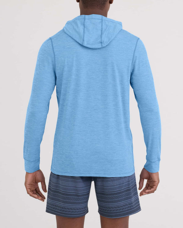 Back - Model wearing Droptemp All Day Cooling Hoodie in Tranquil Blue Heather