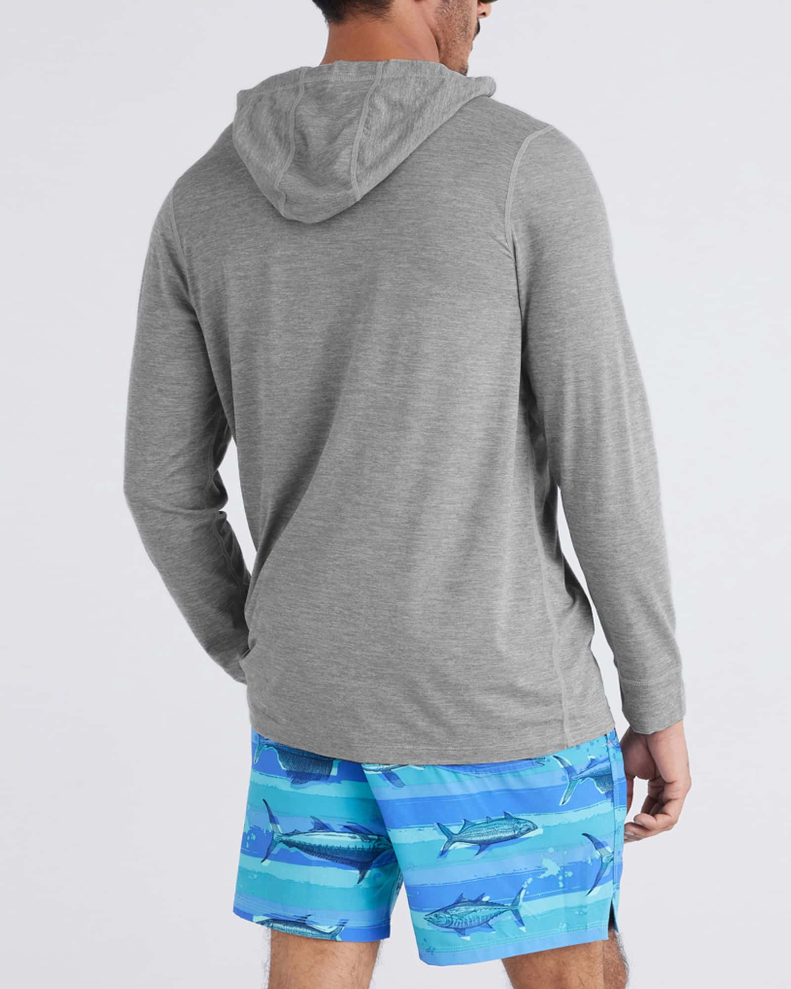 Back - Model wearing Droptemp All Day Cooling Hoodie in Tradewinds Heather