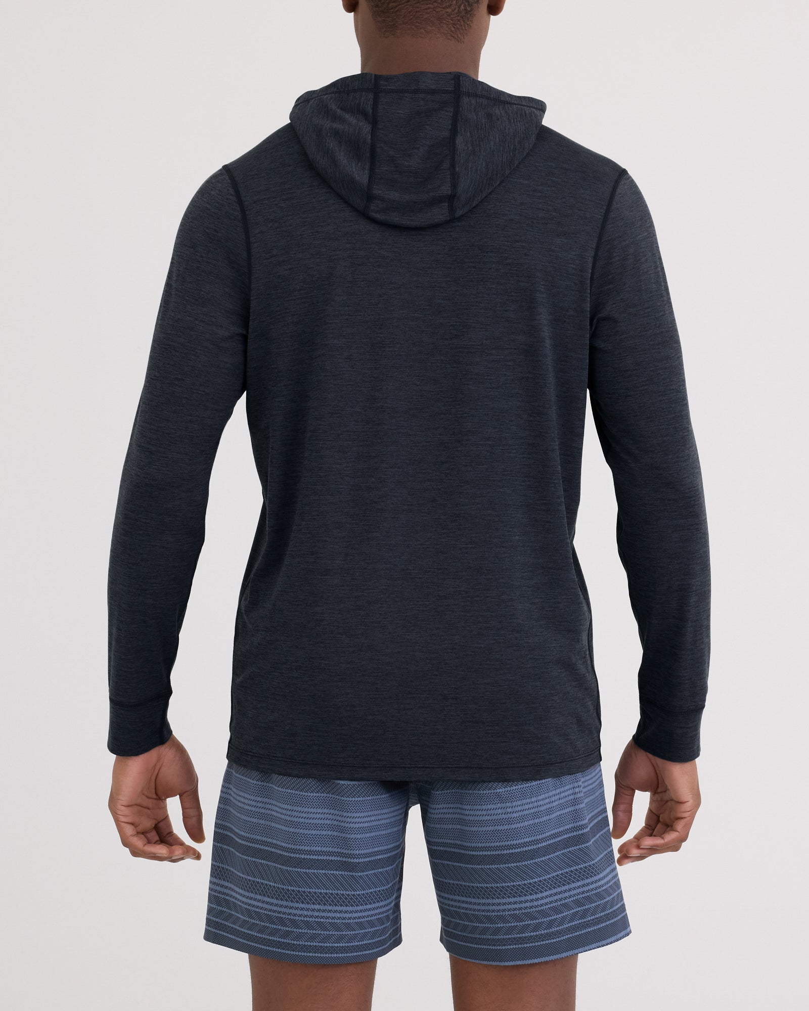 Back - Model wearing Droptemp All Day Cooling Hoodie in Turbulence Heather