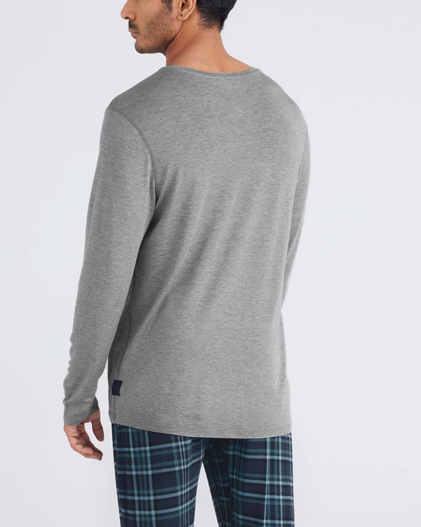 Back - Model wearing Snooze Long Sleeve Tee in Dark Grey Heather