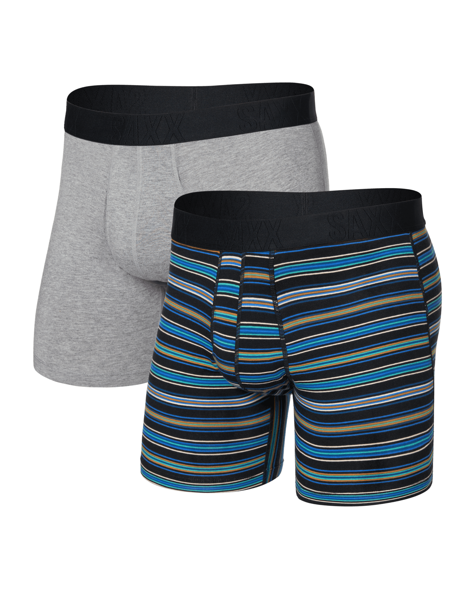 Front of  DropTemp Cooling Cotton Boxer Brief Fly 2 Pack in Vivid Stripe/Dark Grey Heather