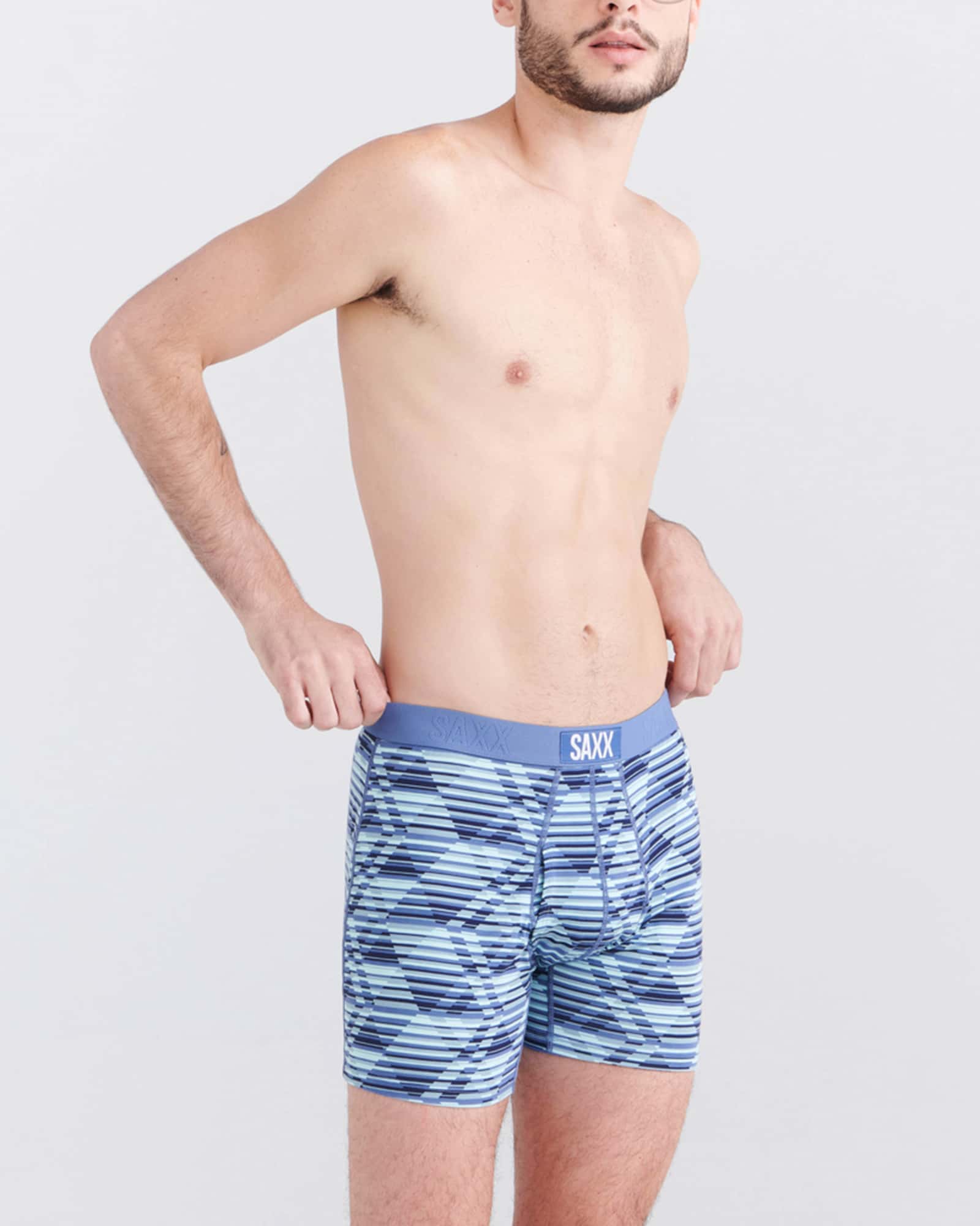 Front - Model wearing Ultra Super Soft Boxer Brief Fly 2Pk in Dazed Argyle/Navy