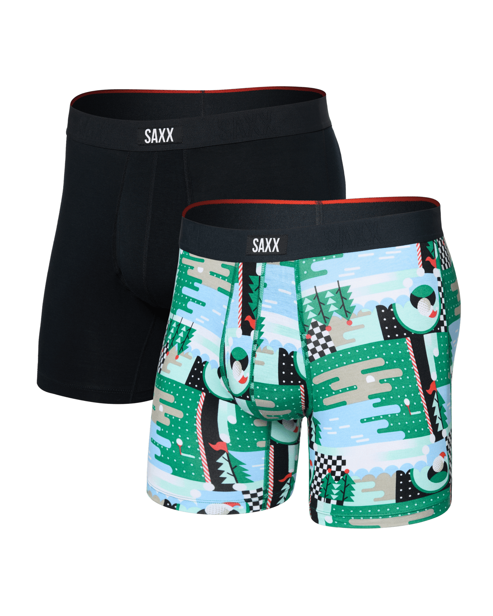 Front of  Vibe Xtra Soft Comfort Boxer Brief Fly 2 Pack in Geo Golf/Black