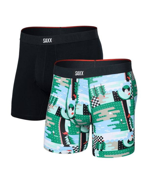 Front of  Vibe Xtra Soft Comfort Boxer Brief Fly 2 Pack in Geo Golf/Black