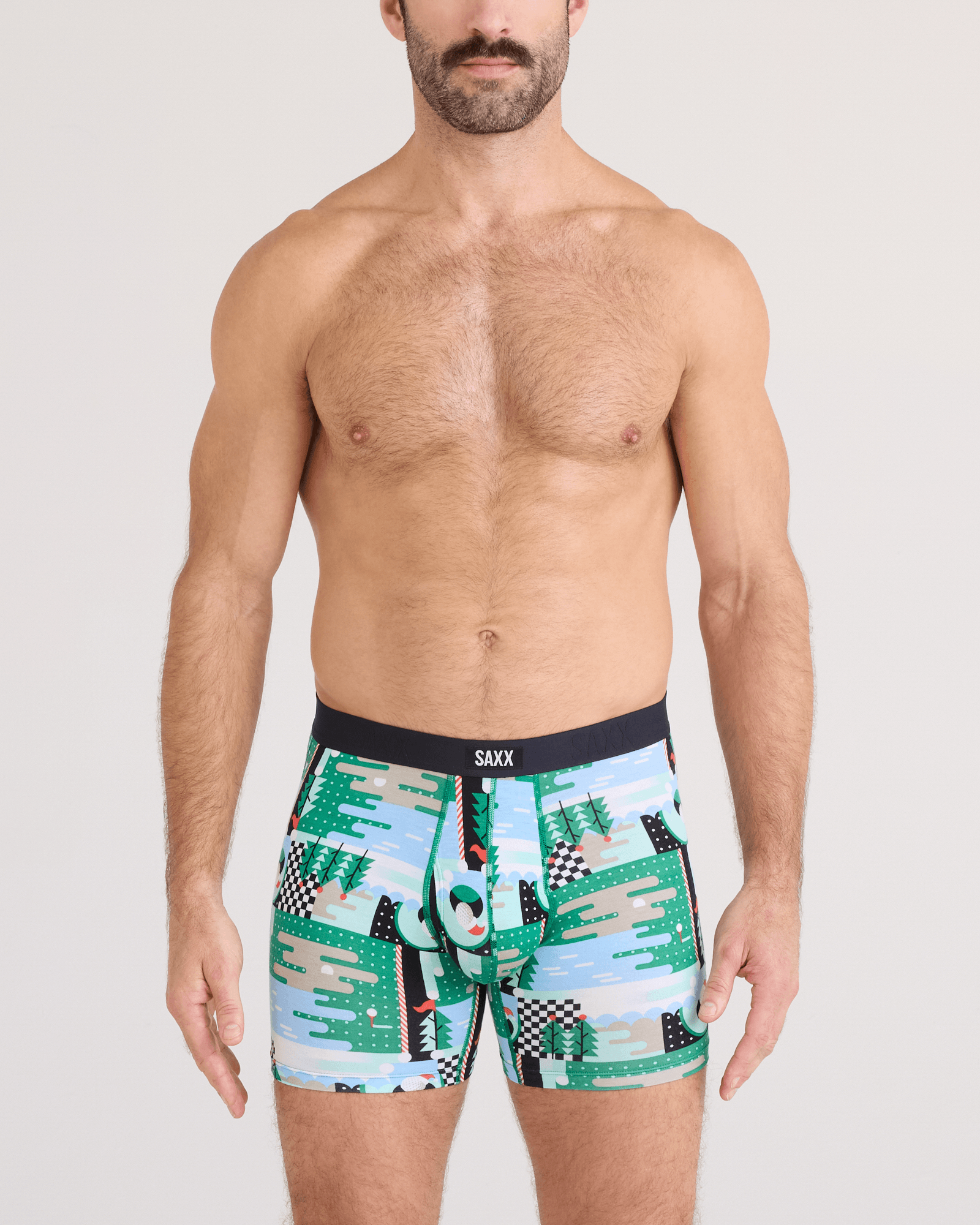 Front - Model wearing  Vibe Xtra Soft Comfort Boxer Brief Fly 2 Pack in Geo Golf/Black