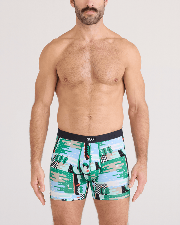 Front - Model wearing  Vibe Xtra Soft Comfort Boxer Brief Fly 2 Pack in Geo Golf/Black