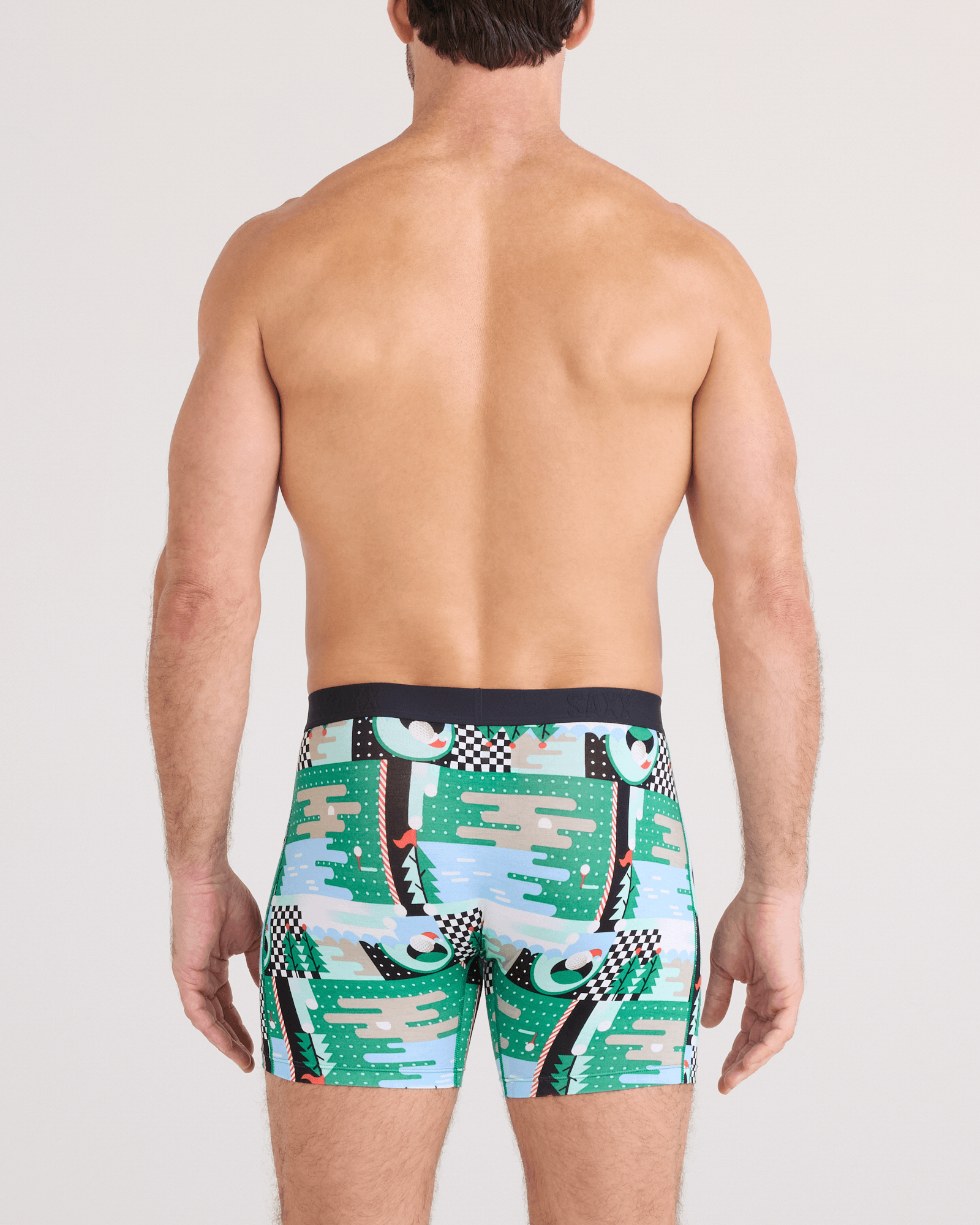 Back - Model wearing  Vibe Xtra Soft Comfort Boxer Brief Fly 2 Pack in Geo Golf/Black