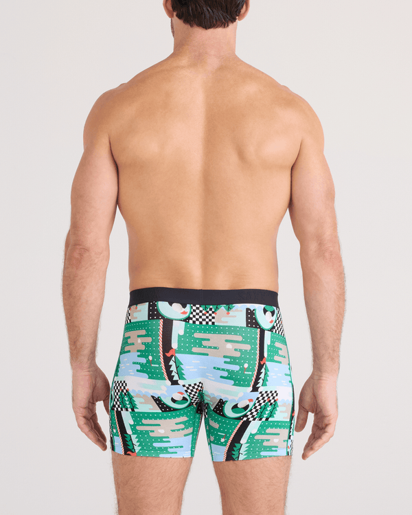 Back - Model wearing  Vibe Xtra Soft Comfort Boxer Brief Fly 2 Pack in Geo Golf/Black