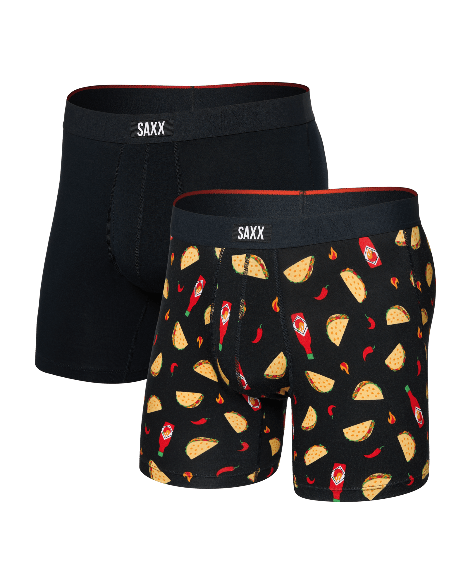 Front of  Vibe Xtra Soft Comfort Boxer Brief Fly 2 Pack in Flamin Hot/Black
