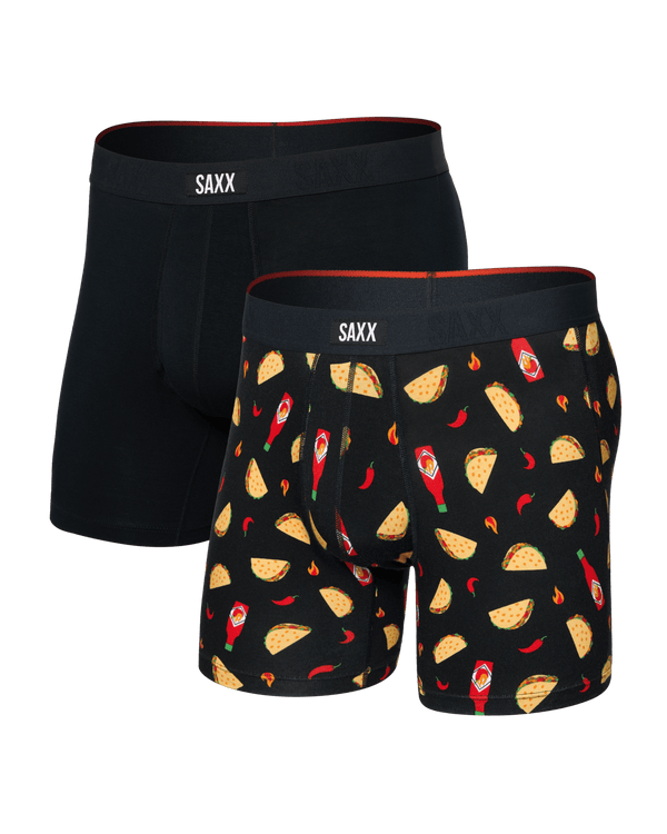 Front of  Vibe Xtra Soft Comfort Boxer Brief Fly 2 Pack in Flamin Hot/Black