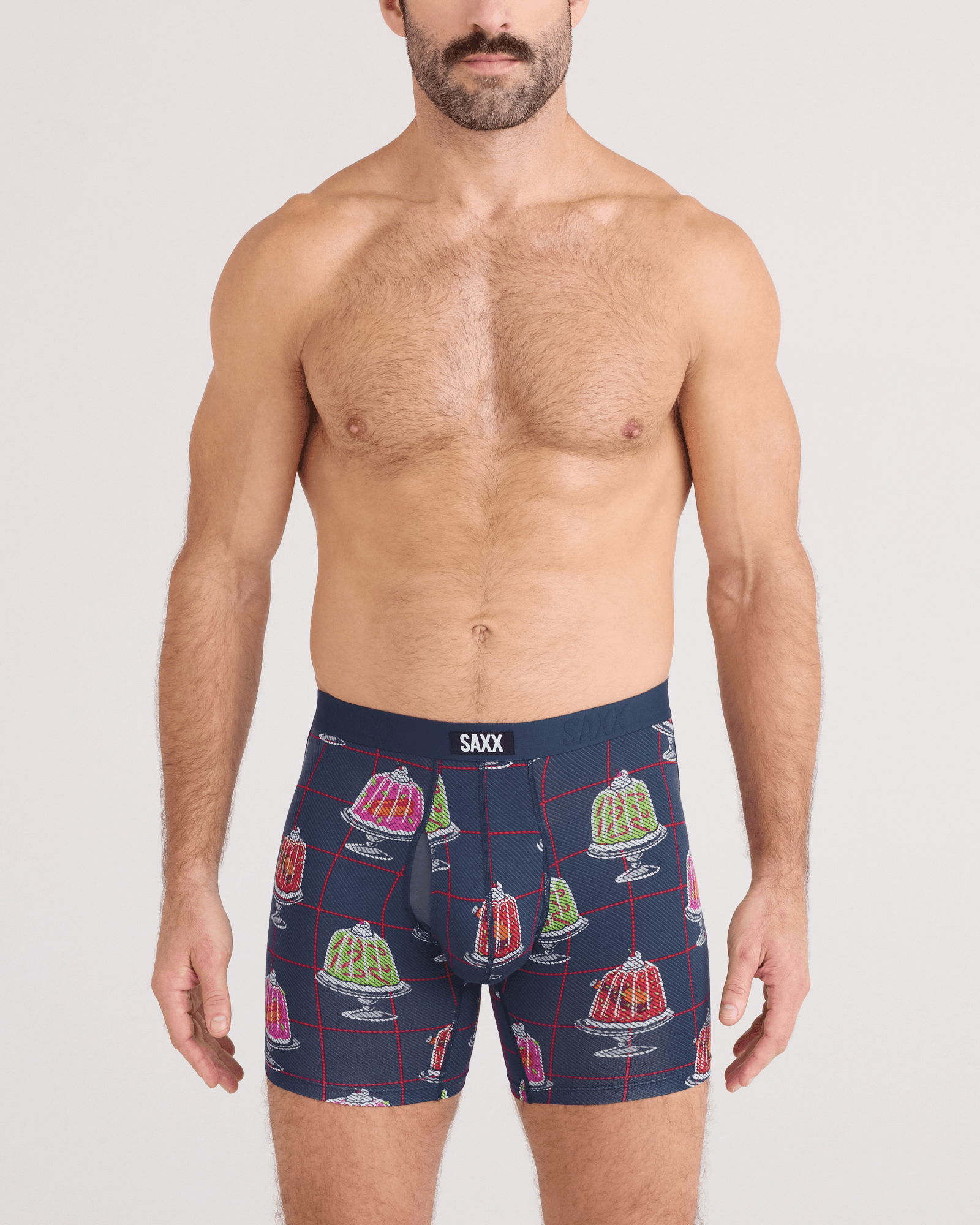 Front - Model wearing  Vibe Xtra Soft Comfort Boxer Brief Fly in Jiggle Bells