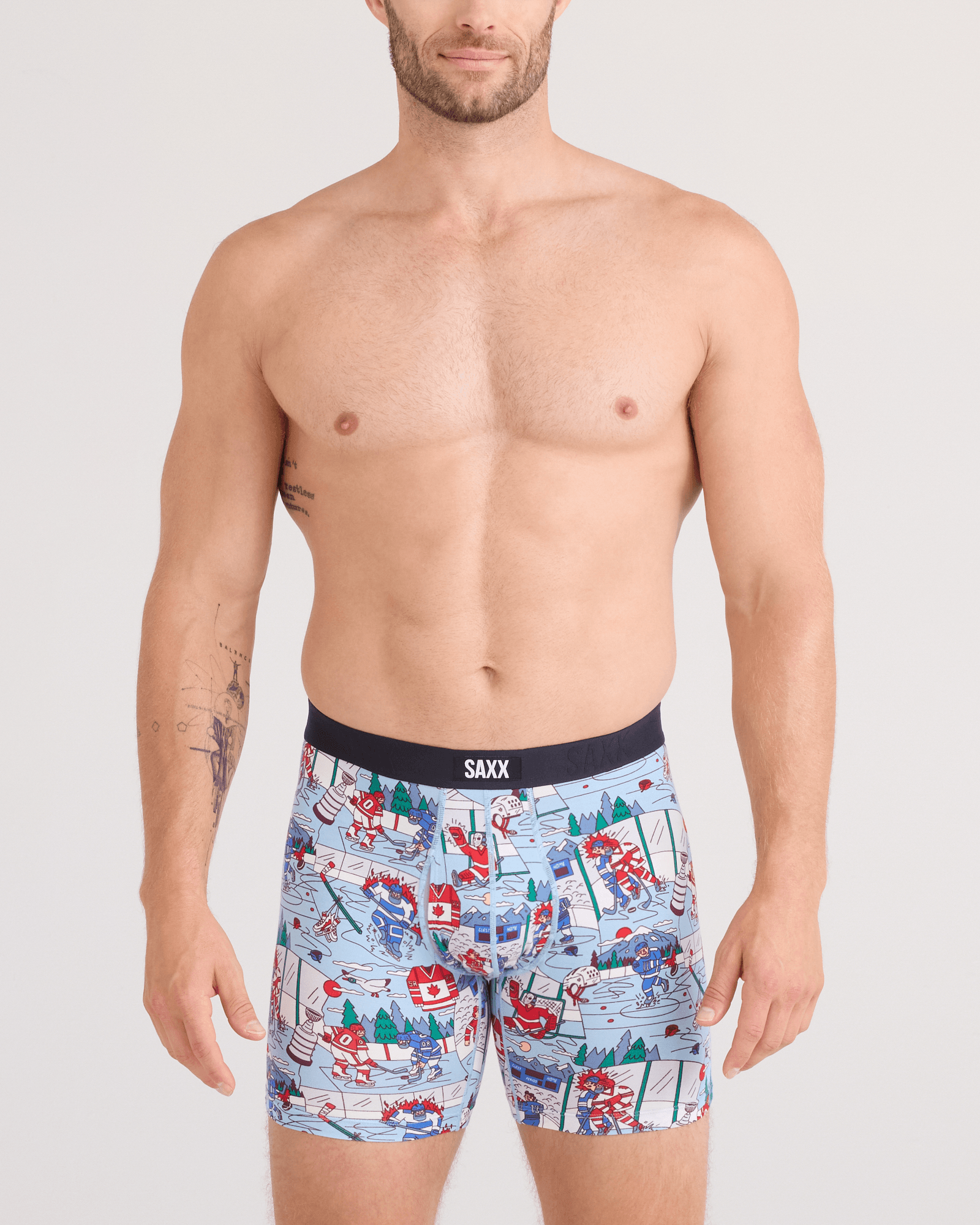 Front - Model wearing  Vibe Xtra Soft Comfort Boxer Brief Fly 2 Pack in Mitts And Lumber/Black
