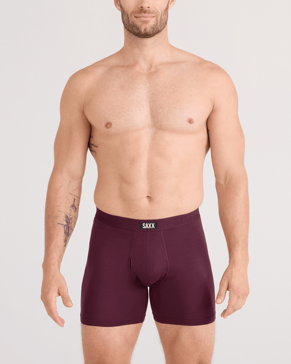Front - Model wearing  Vibe Xtra Soft Comfort Boxer Brief Fly 2 Pack in Maroon/Washed Indigo