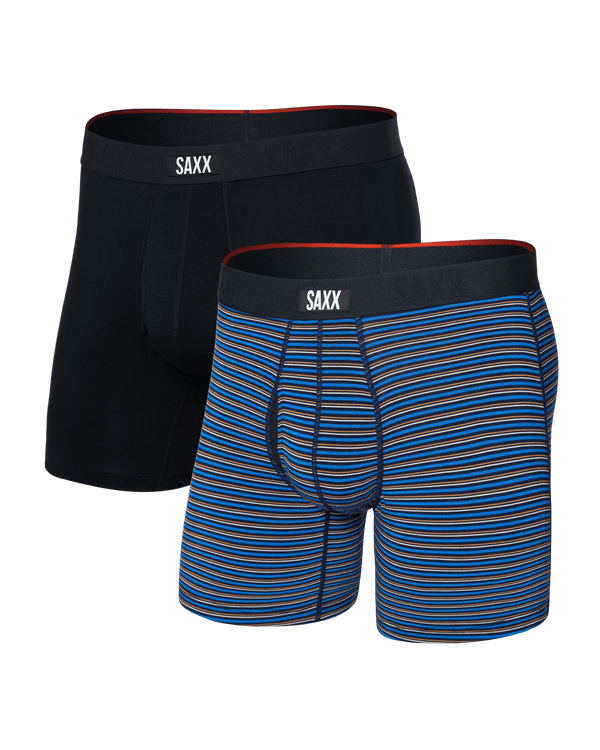 Front of  Vibe Xtra Soft Comfort Boxer Brief Fly 2 Pack in Railroad Stripe/Black