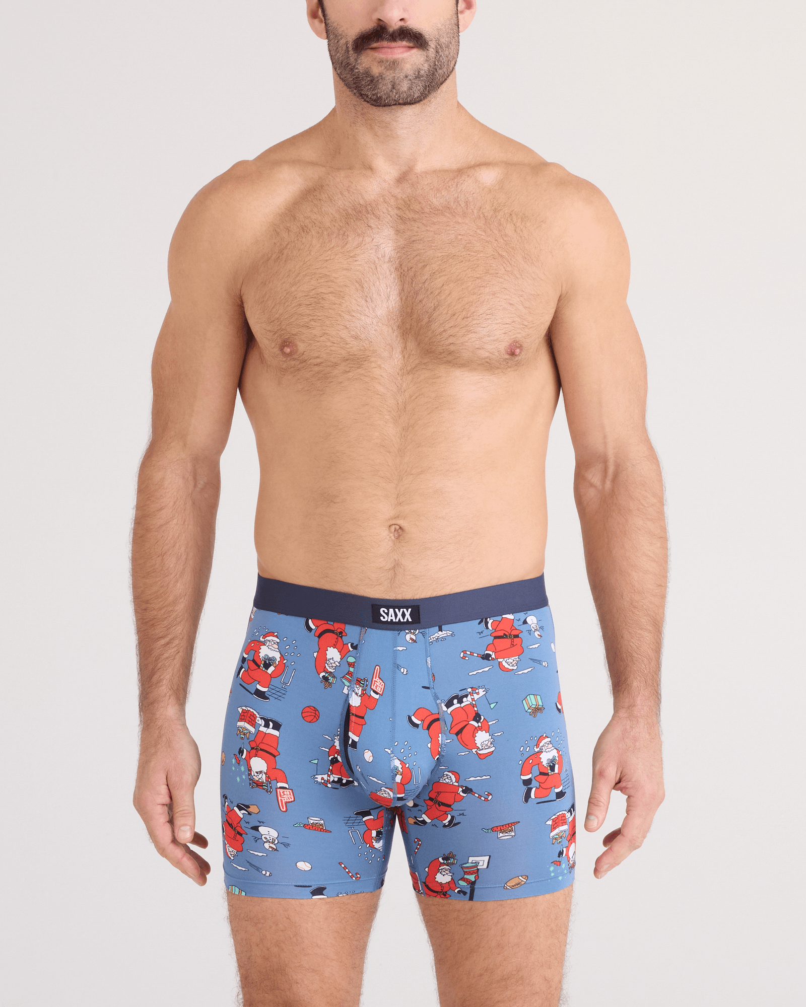 Front - Model wearing  Daytripper Comfort Stretch Boxer Brief Fly 3 Pack in Santathalon/Stripe/Navy