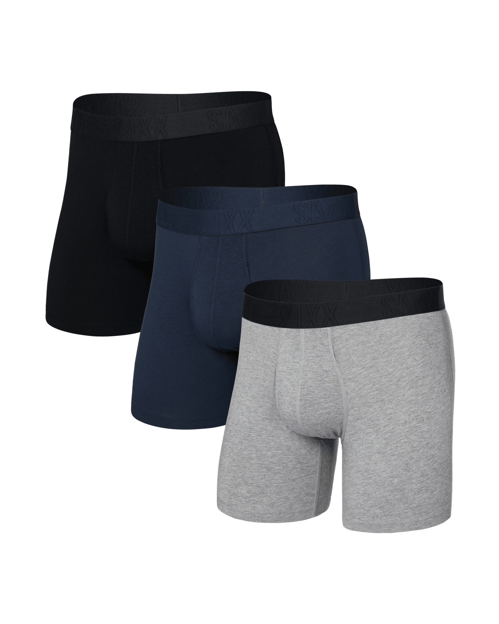 Front of  DropTemp Cooling Cotton Boxer Brief Fly 3 Pack in Dk Grey Heather/Dark Ink/Black