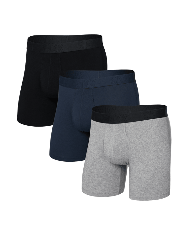 Front of  DropTemp Cooling Cotton Boxer Brief Fly 3 Pack in Dk Grey Heather/Dark Ink/Black