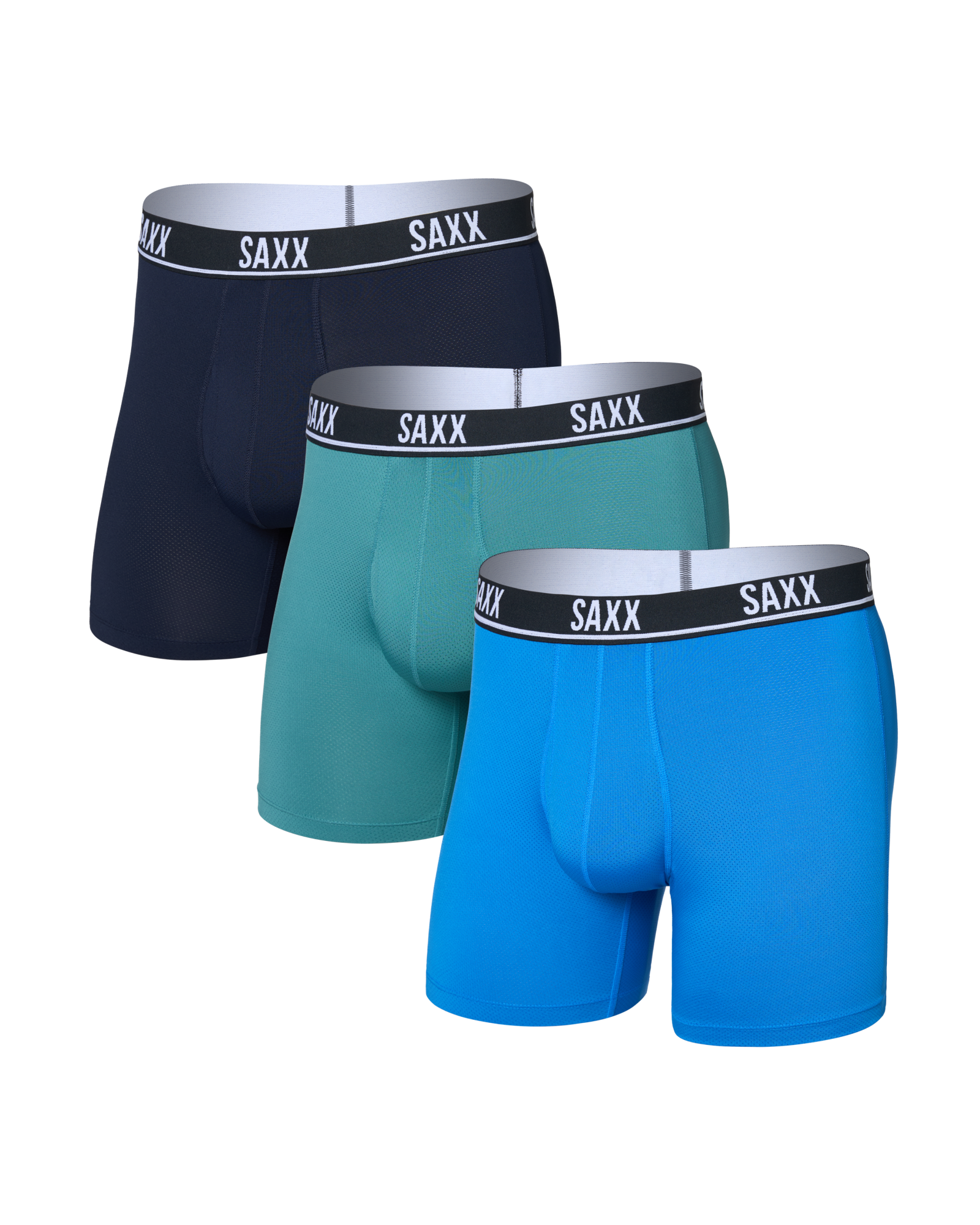 Front of Essential Performance Mesh Boxer Brief (3 Pack) in Blue/Teal/Maritime
