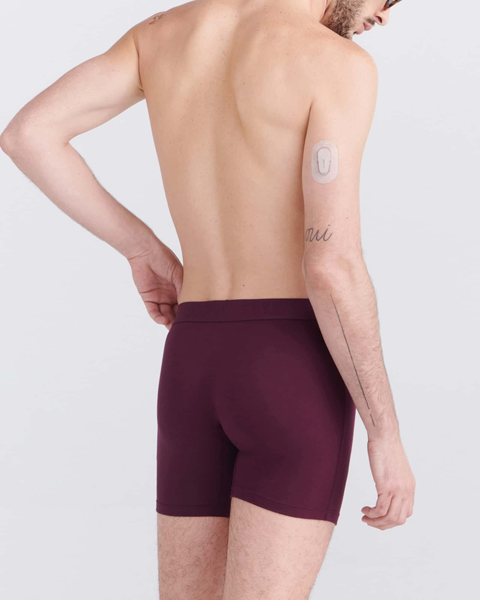 Back - Model wearing Ultra Super Soft Boxer Brief Fly 3Pk in Burnt Plum/Turbulence/Black