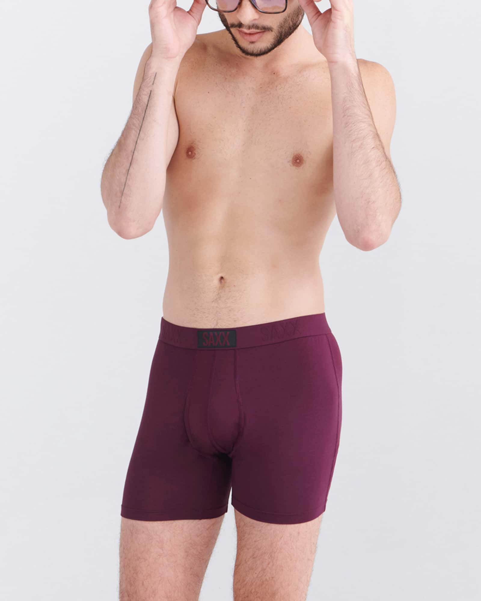 Front - Model wearing Ultra Super Soft Boxer Brief Fly 3Pk in Burnt Plum/Turbulence/Black