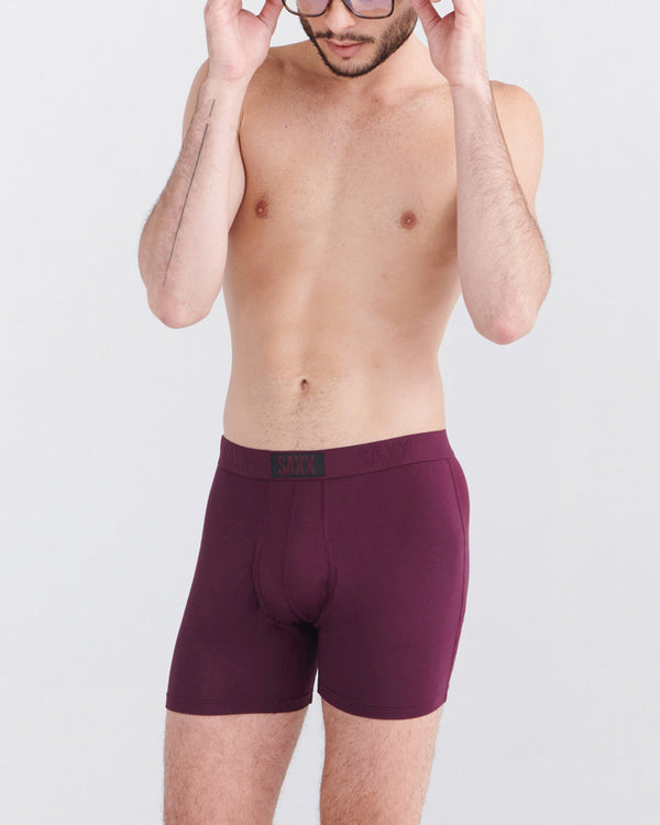 Front - Model wearing Ultra Super Soft Boxer Brief in Burnt Plum