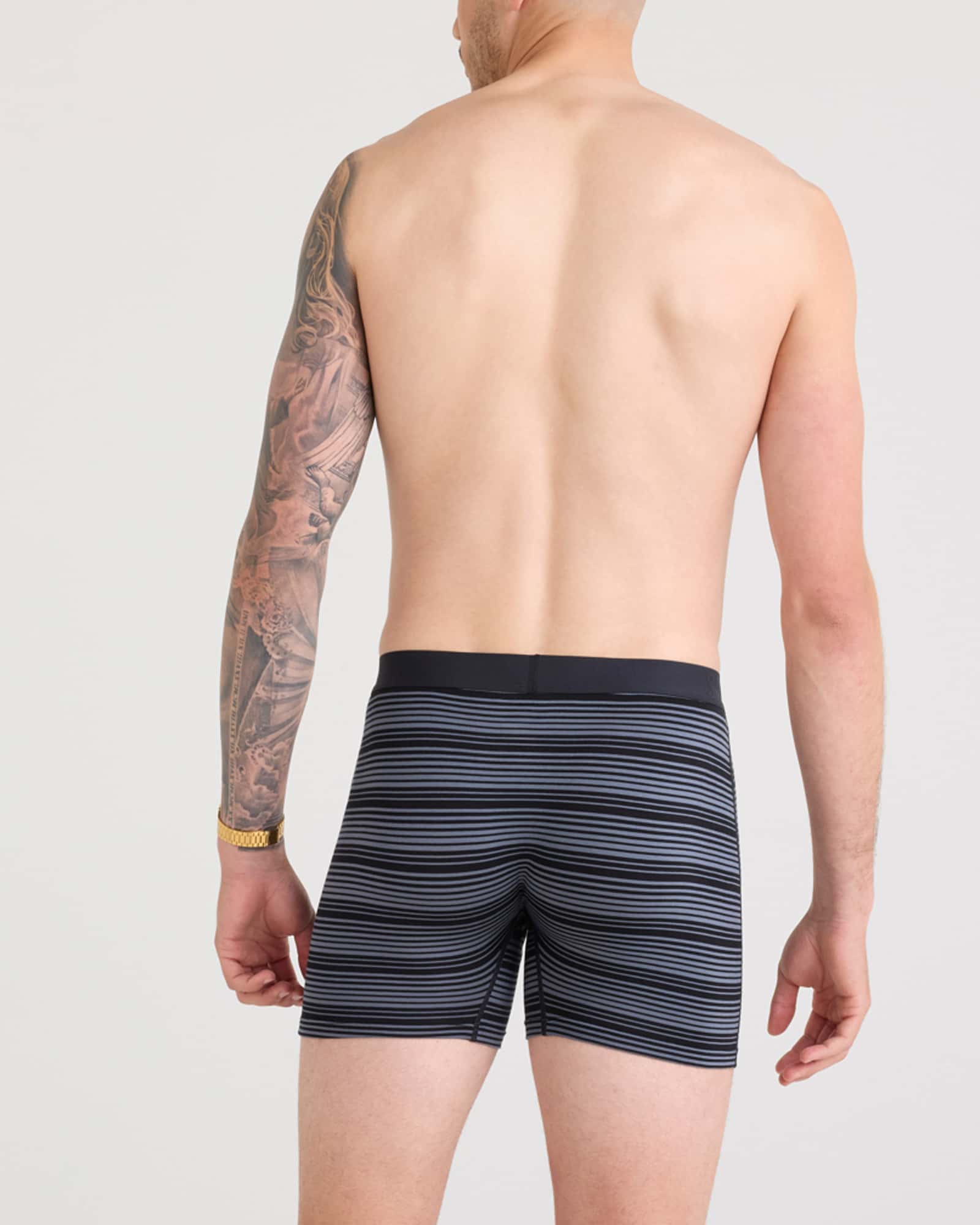 Back - Model wearing Ultra Super Soft Boxer Brief Fly 3 Pack in Shadow Stripe/Dark Grey/Black