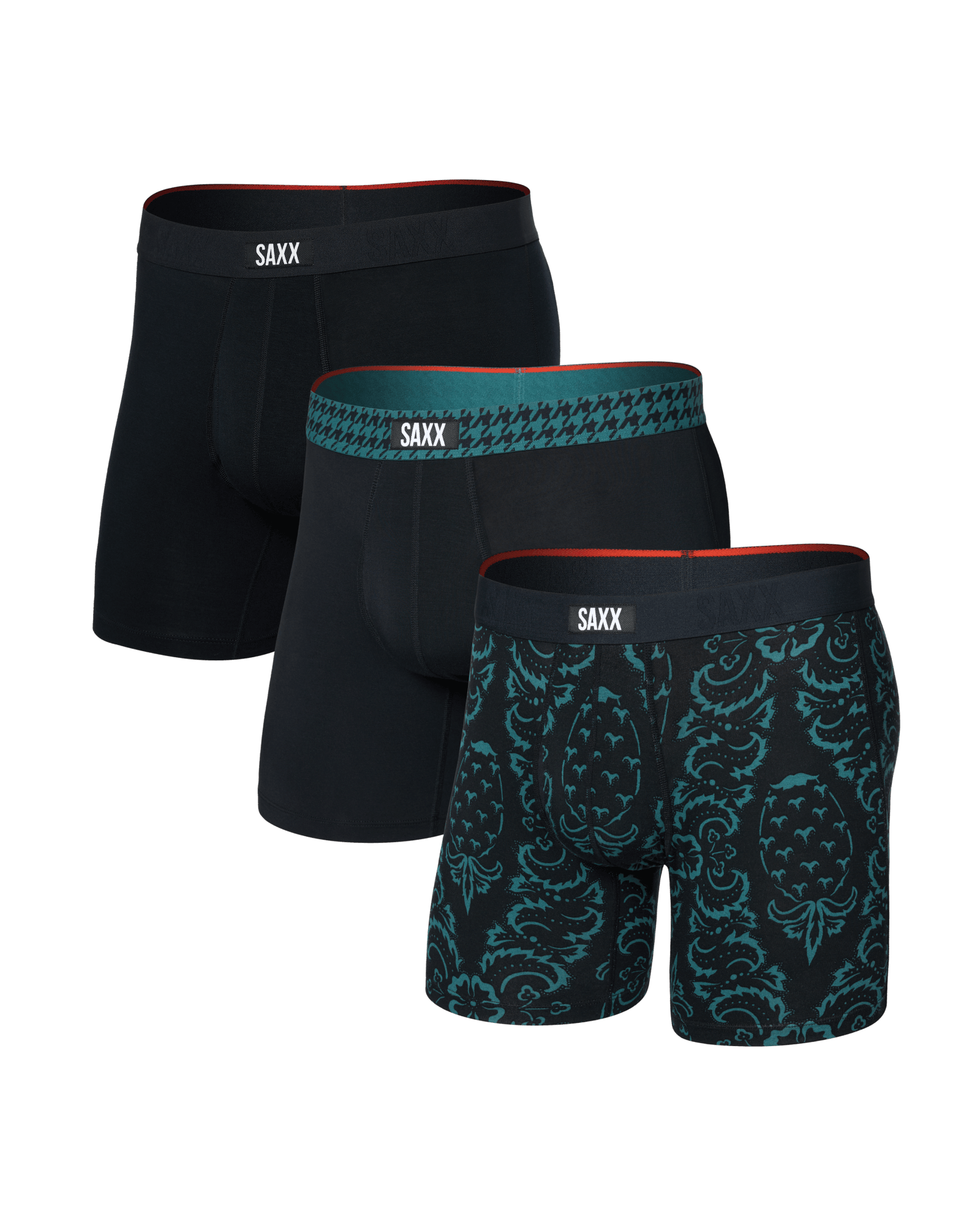 Front of  Vibe Xtra Soft Comfort Boxer Brief Fly 3 Pack in Pineapple/Houndstooth/Black