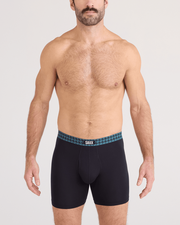 Front - Model wearing  Vibe Xtra Soft Comfort Boxer Brief Fly 3 Pack in Pineapple/Houndstooth/Black